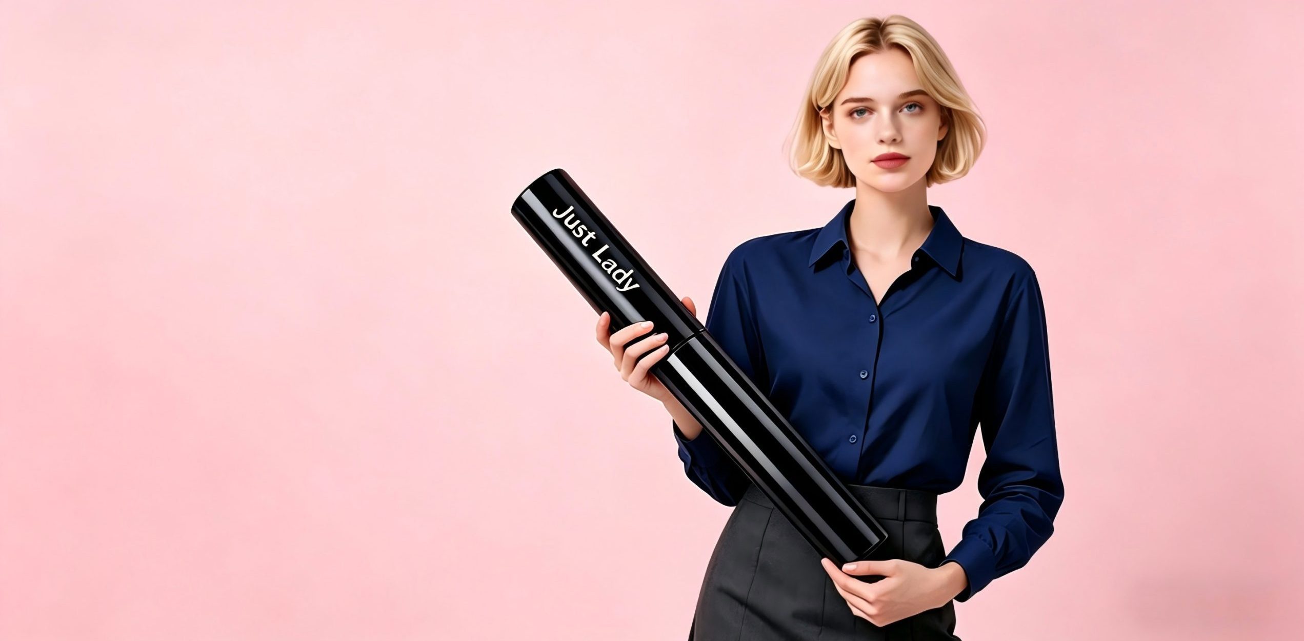 Woman holding Just Lady branded cosmetic packaging bottle