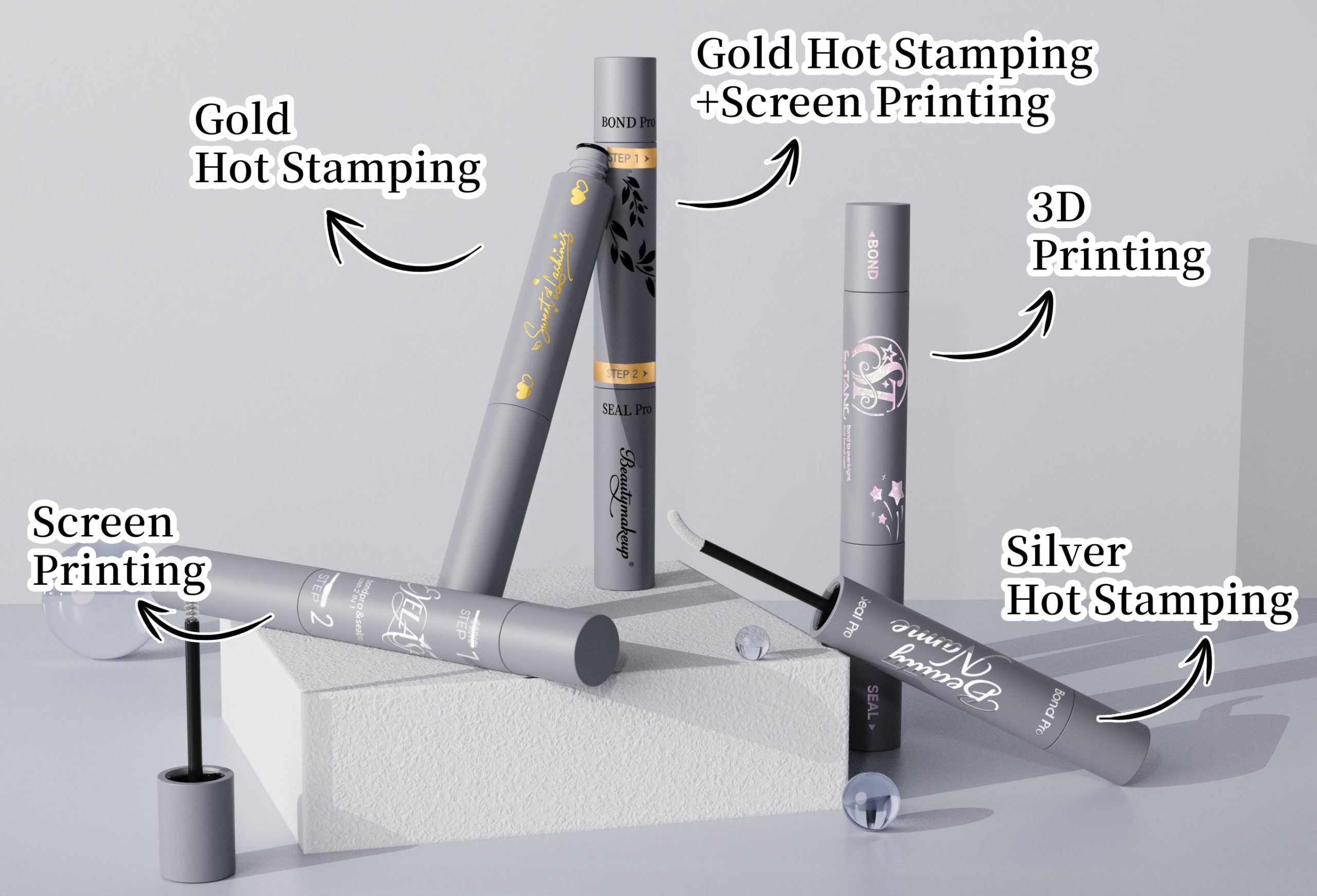 Custom Private Label for Lash Glue Packaging: screen printing, hot stamping, 3D printing