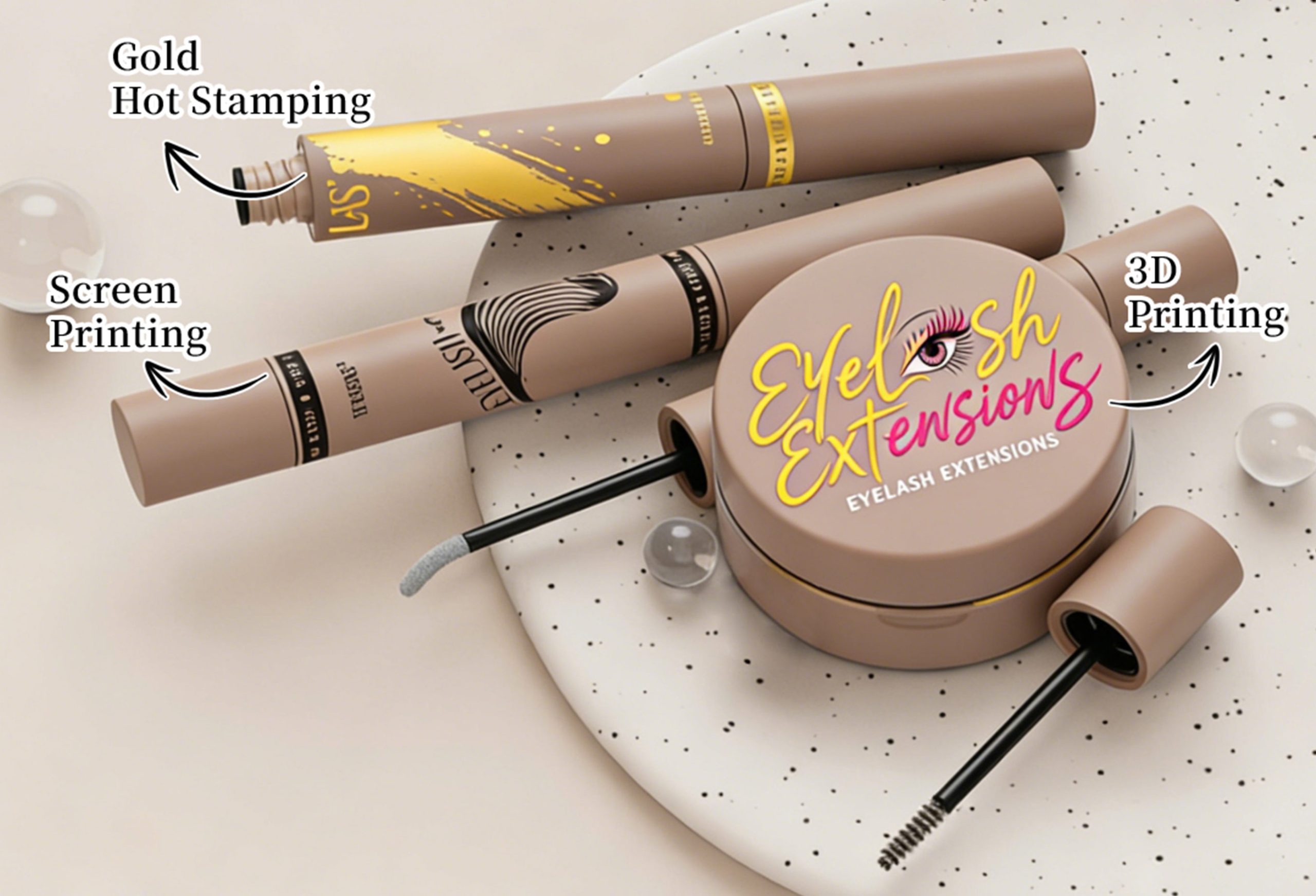 Custom printing techniques on empty lash glue bottles: screen printing, hot stamping, 3D printing