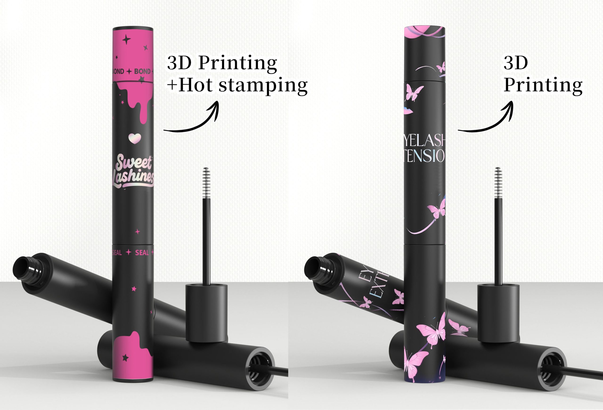 Custom printing techniques on empty lash glue bottles: hot stamping, 3D printing