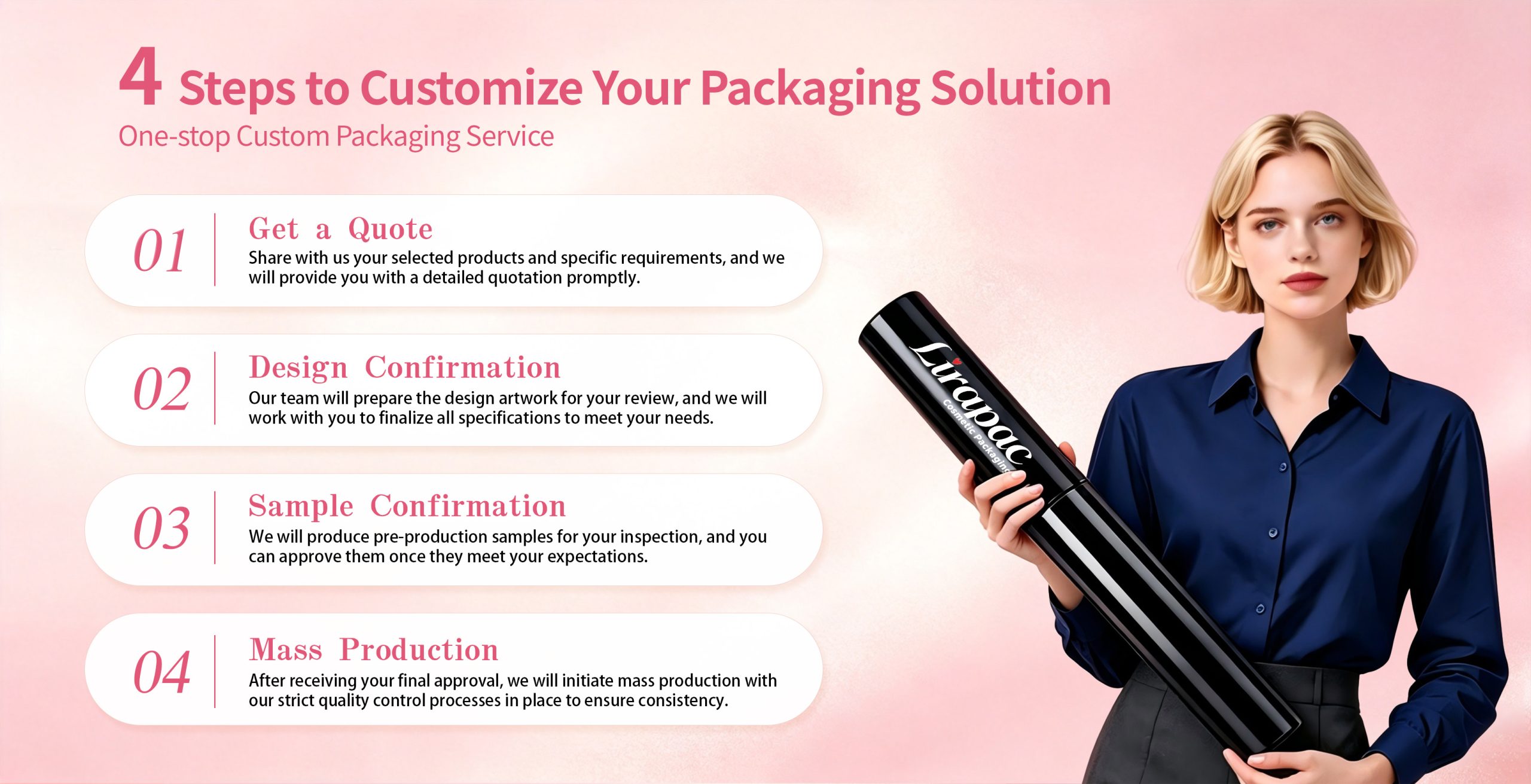 Woman holding Lirapac branded cosmetic packaging bottle